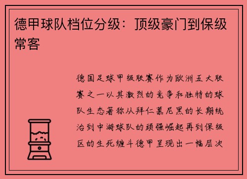 德甲球队档位分级：顶级豪门到保级常客