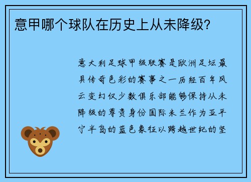 意甲哪个球队在历史上从未降级？