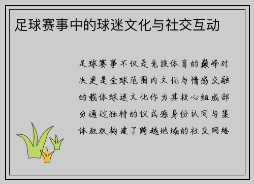 足球赛事中的球迷文化与社交互动