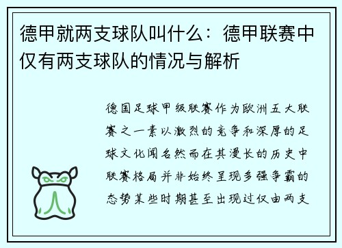 德甲就两支球队叫什么：德甲联赛中仅有两支球队的情况与解析